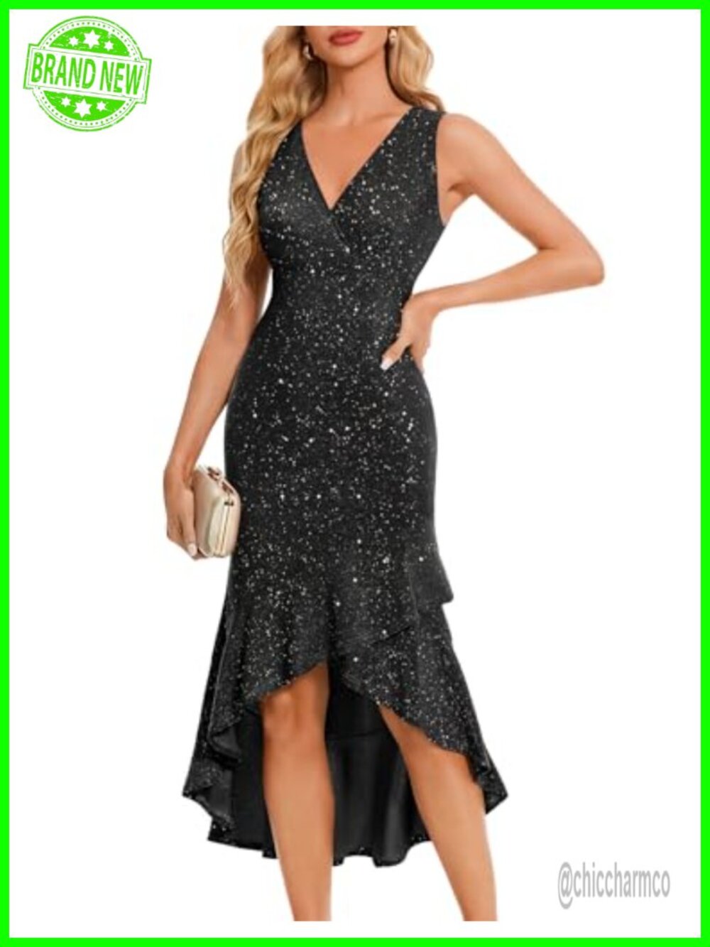 Sequin V Neck High Low Midi Cocktail Prom Dress